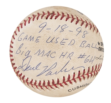 Game Used Baseball from 9-18-98 Mark McGwires 64th Home Run Game During Record Breaking Season Singed & Inscribed By Dave Parker (JSA)